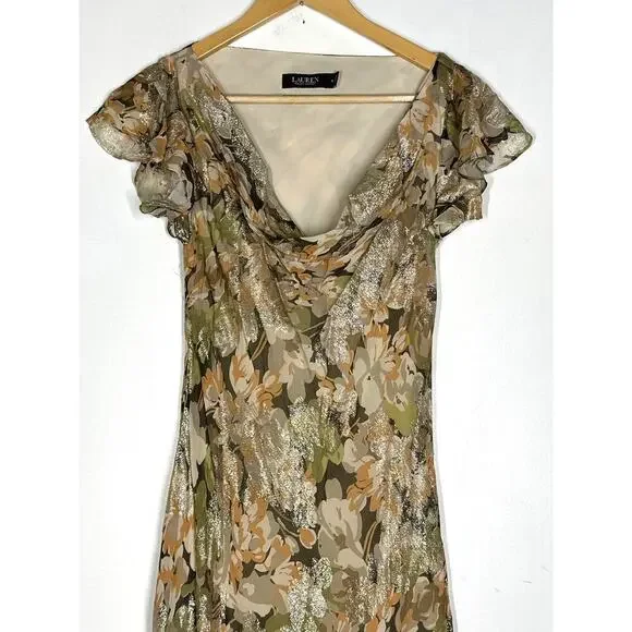 Lauren Ralph Lauren Lusita Dress Floral Metallic Ruffled Maxi Gown Multicolor 6 - Picture 4 of 9